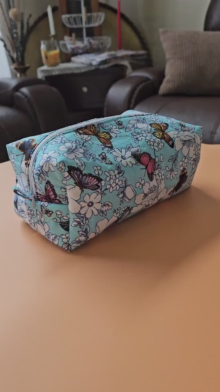 Handmade Floral Butterfly Makeup Bag - Medium Cotton Cosmetic Pouch