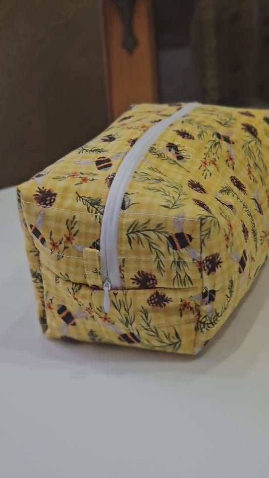 Handmade Quilted Cotton Makeup Bag - Bee & Floral Print