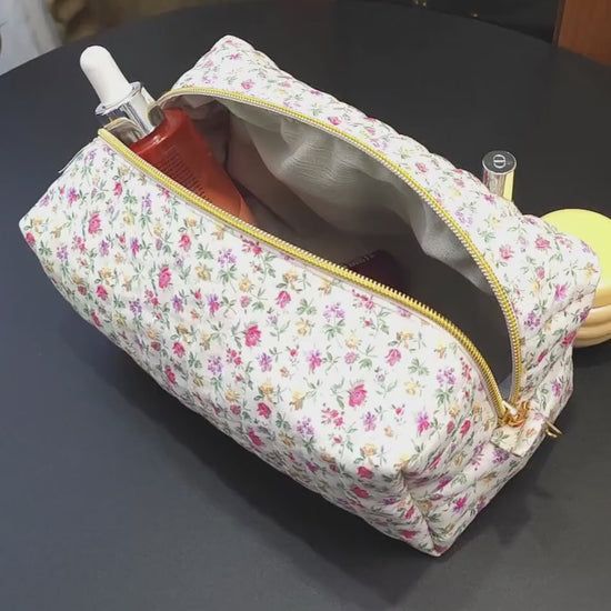Handmade Floral Quilted Makeup Bag, Cotton Zipper Pouch