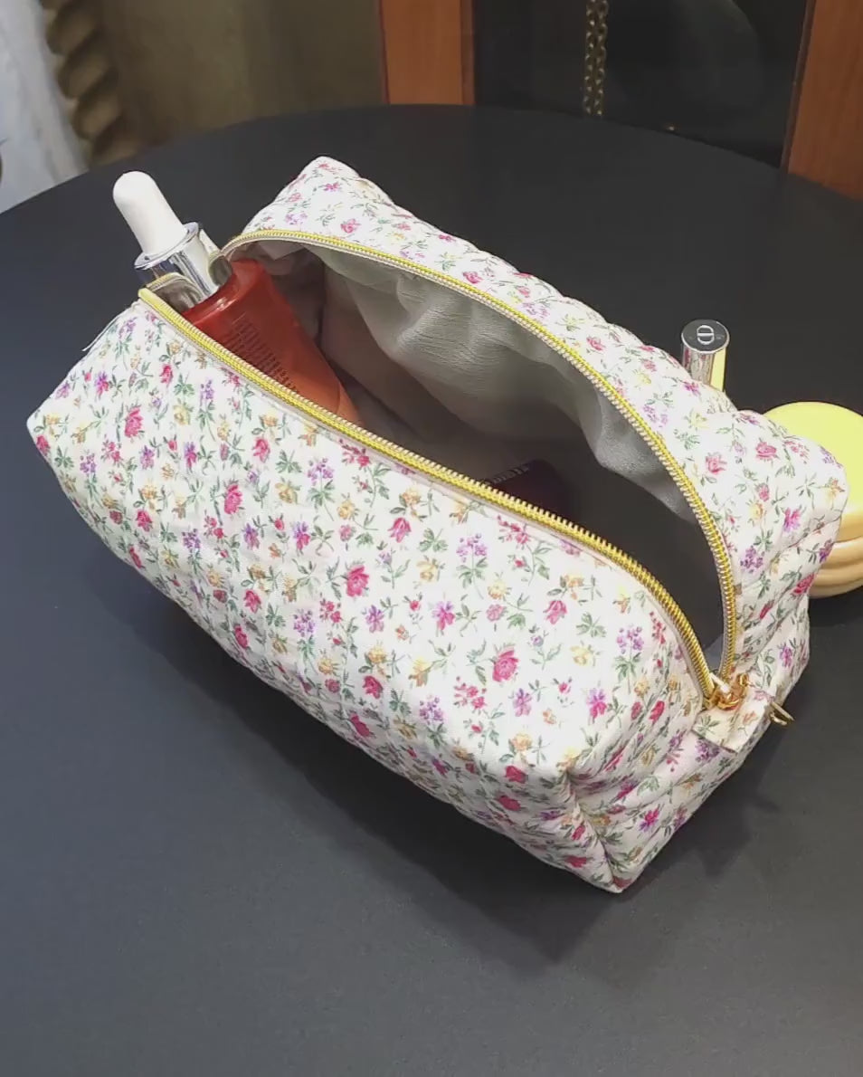 Handmade Floral Quilted Makeup Bag, Cotton Zipper Pouch